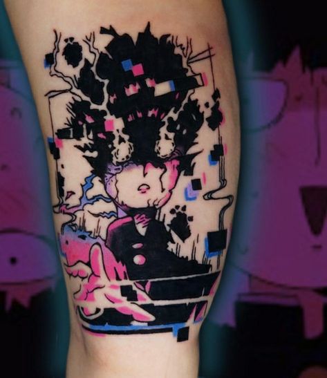 Abstract Anime Tattoo, Anime Mashup Tattoo, Mob Physco 100 Tattoo Ideas, Glitchy Tattoos, Color Anime Tattoo, Unique Anime Tattoos, Bleach Tattoo Ideas, Anime Tattoos Ideas, Mob Tattoo