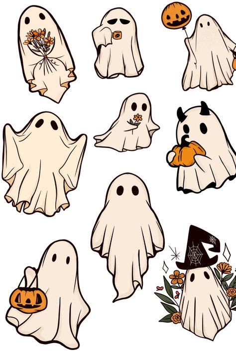 Croquis, Fall And Halloween Doodles, Cute Halloween Art Aesthetic, Ghost With Pumpkin Drawing, Easy To Draw Ghost, Chibi Ghost Drawing, Fall Aesthetic Tattoo, Cute Halloween Ghost Wallpaper, Spooky Season Doodles