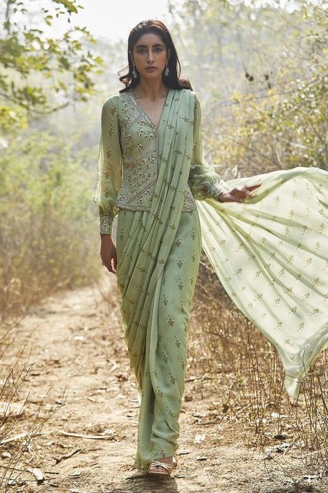 Buy Sana Barreja Green Georgette Rumeha Pre-draped Saree And Jacket Set Online | Aza Fashions Haute Couture, Couture, Long Blouse Saree, Mint Green Fabric, Saree Jackets, Long Blouse Designs, Stitched Saree, Drape Saree, Saree Blouse Patterns