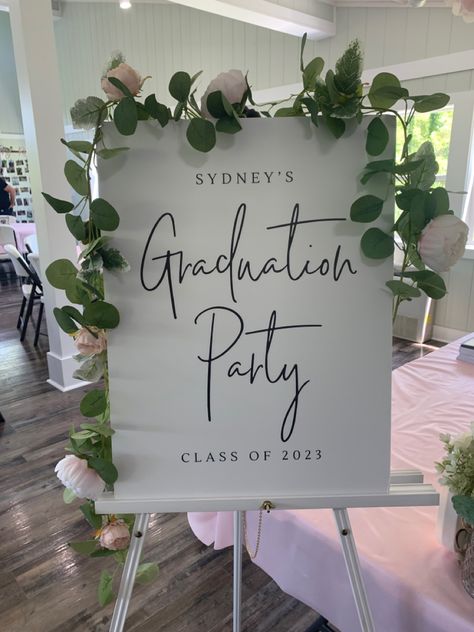 Grad Party Sign Ideas, Graduation Backyard Decorations, Graduation Party Ideas Greenery, Grad Party Ideas Sage Green, Graduation Party Ideas Inside, Graduation Party Ideas Home, Graduation Party Wall Decor, Graduation Venue Decorations, Grad Theme Ideas