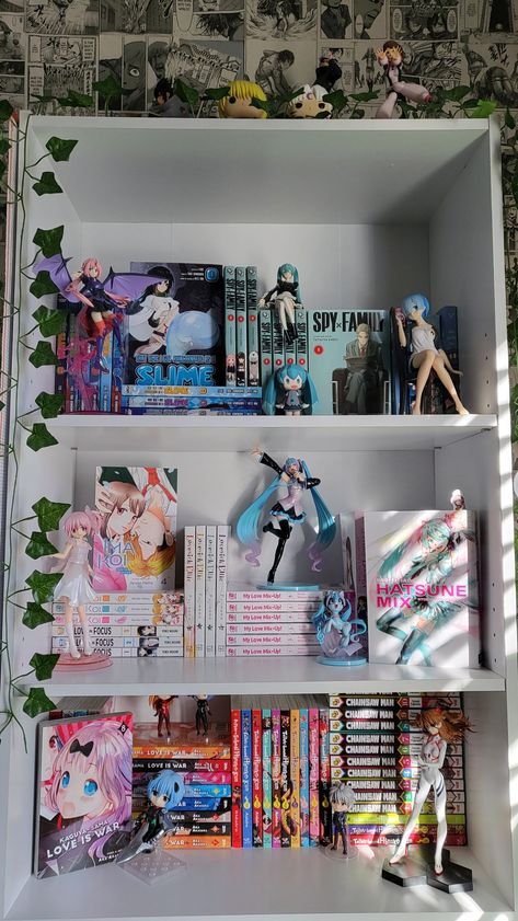 Kawaii Book Shelf, Organize Manga Shelf, Cute Manga Collection, Manga Shelf Organization Ideas, Gaming Shelf Ideas, Kpop And Manga Shelf, Small Manga Shelf Ideas, Bedroom Shelf Organization, Anime Bookshelf Ideas