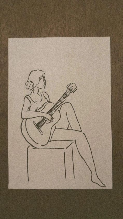 Girl Playing Guitar Drawing, Playing Guitar Drawing, Girl Playing Guitar, Guitar Sketch, Playing A Guitar, Guitar Drawing, Beach Drawing, Guitar Tattoo, Guitar Painting