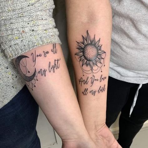 The Best Wedding Tattoo Ideas — Joby Dorr Different Mother Daughter Tattoos, Moon And Sun Mother Daughter Tattoo, Friendship Moon Tattoos, His And Hers Sun And Moon Tattoo, His And Her Sun And Moon Tattoo, Night And Day Tattoos Sisters, Sun And Moon Tattoo Matching Unique, Moon And Sun Sister Tattoo, Bestie Tattoos Sun And Moon