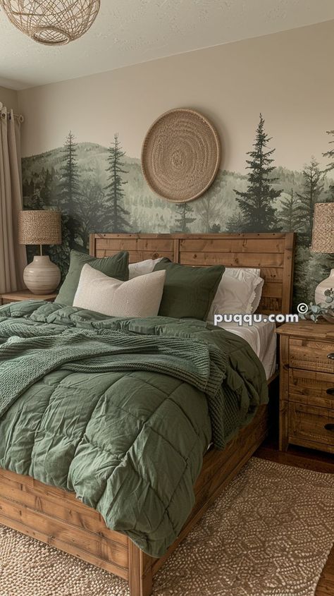 Cabin Primary Bedroom, Dark Blue Bedroom Ideas Colour Schemes, Outdoorsy Bedroom Ideas, Mountain Themed Room, Modern Cabin Bedroom Ideas, Woodsy Room Ideas, Small Master Bedrooms Decor Ideas, Earthy Decor Ideas, Green Forest Bedroom