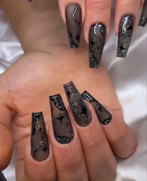Gothic Minimalist Nails, New Year’s Nails Black, Black Bday Nails Ideas, Goth Coffin Shaped Nails, Back Nails Designs, Black On Black Acrylic Nails, Clear Black French Tip Nails, Y2k Nails Grunge, Long Acrylic Nails Black Design