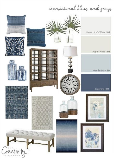 Layering a home in transitional blues and grays is a beautiful way to ground and create a neutral design base for switching out pops of colors. Cool Color Rugs, Blueish Grey Bedroom Ideas, Blueish Gray Couch Living Room, Hampton Coastal Living Rooms, Master Bedrooms Decor Cozy Bright, Comfy Coastal Living Room, Ivory And Navy Living Room, Modern Farmhouse With Blue Accents, Grey And Navy Living Room Ideas