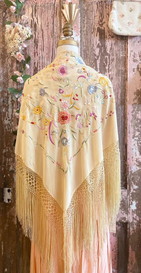 "1920s Silk Fringe Piano Shawl with Pastel Floral Embroidery 33\" x 35\" (not including 10\" fringe)  Condition: Good Vintage Condition Few spots of discoloration and small mended spots (see last two photos) but these slight imperfections do not undermine its infinite beauty.  All sales are final. Thank you for shopping small + sustainable 💐" Pastel Embroidery, Mexican Shawl, Embroidery Shawl, Shawl Outfit, Beaded Shawl, Piano Shawl, Blithe Spirit, Vintage Shawl, Shawl Poncho