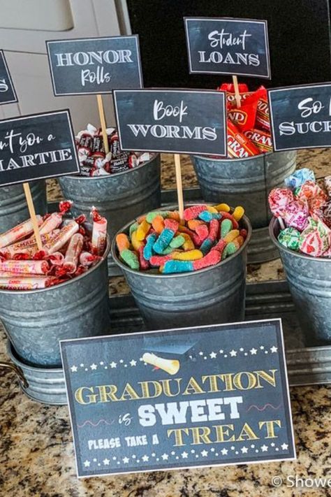 Senior Dessert Ideas, Industrial Party Theme, Party Theme Graduation, Graduation Small Party Ideas, Grad Party Keepsake Ideas, Grad Party Inspo Food, Grad Snack Ideas, Graduation And Birthday Party Ideas, Graduation Party Ideas For Masters Degree