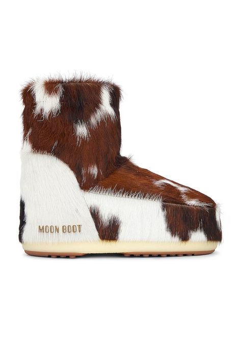 MOON BOOT Icon No Lace Pony Boot in Cow Print | FWRD Moon Boots Outfit, Brown Fur Boots, Tech Girl, Moon Boot, Moon Boots, Shoe Inspo, Low Boots, Apres Ski, Fur Boots