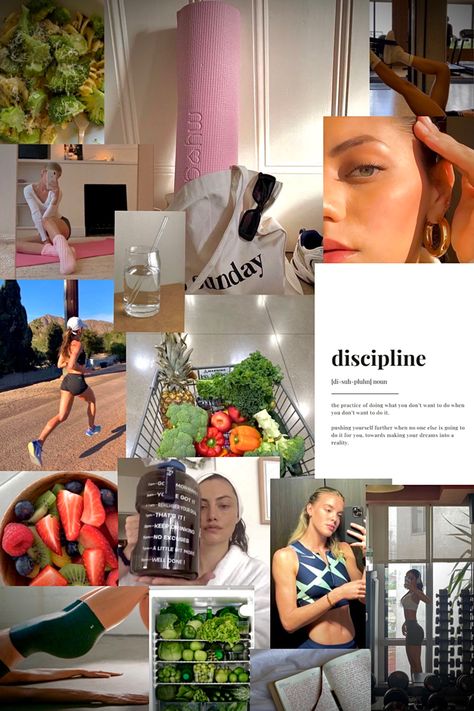 Vision board/collage. Inspiration for others to stay motivated. My vision board presents pretty girls that are working out, healthy food, big gallon water bottle to hydrate (link for it is here - just tap the photo) body goals, definition of discipline because it is a key to success. Vision board inspires other people to keep going, to stay consistent, to change their lifestyle to healthier. Fit Healthy Girl, Summer Body Motivate, That Girl Aesthetic Fitness, Toned Body Inspirations Aesthetic, Vision Boards Aesthetic, Healthy Girl Lifestyle Aesthetic, Summer Body Motivation, Vision Board Healthy Lifestyle, Productive Era