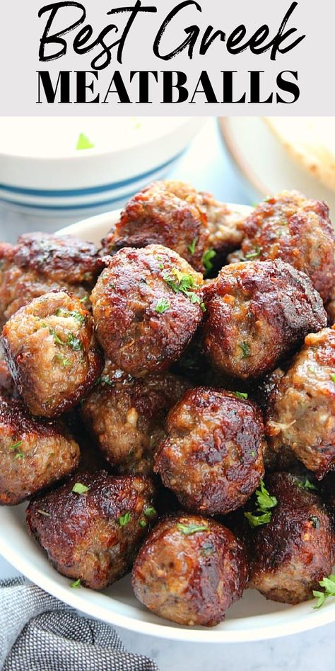 Greek Meatballs stacked up on a plate. Meatballs With Tzatziki Sauce, Greek Meatballs Recipe, Lamb Meatball Recipe, Ground Lamb Recipes, Simple Tomato Sauce, Juicy Meatballs, Mediterranean Diet Recipes Dinners, Greek Dinners, Greek Meatballs