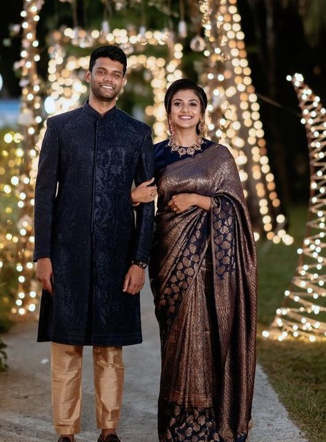 Engagement Saree Outfit, Engagement Photos Saree Outfits, Indian Court Marriage Outfit, Wedding Saree Couple, Indian Reception Outfit For Couples, Indian Reception Outfit Couple, Reception Look Indian Couple, Family Function Outfit Indian, Indian Reception Couple Outfit