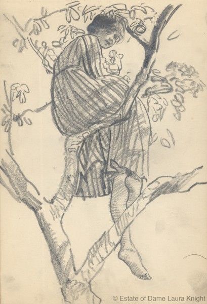 Study of a model relaxing in tree, probably ca. 1916 pencil on wove paper, Laura Knight. Ink Drawing Flowers, Fading Away Drawing, Drawing Reference Woman, Foreshortening Drawing, Knight Woman, Dame Laura Knight, Smiling Drawing, Women Sketch, Value Art