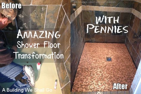 DIY shower floor redo | How to make a beautiful shower floor with pennies.  Create a new, fancy, unique and gorgeous shower floor with pennies! The project only costs $54, but looks like a million bucks! Love it! Diy Shower Floor, Penny Floor, Amazing Showers, Unique Shower, Diy Shower, Bathroom Redo, Bath Remodel, Shower Floor, Diy Bathroom