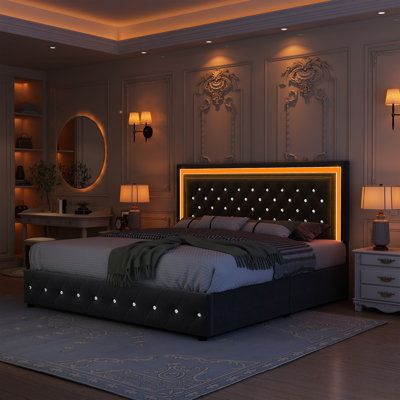 Led bed frame with 4 storage drawers adjustable headboard with smart control RGBW LED whisper-quiet design, wood slats support, no box spring needed Size: Full, Color: Gray | House of Hampton® Javonda Upholstered Platform Storage Bed Metal in Gray | 46.2 H x 58.2 W x 80.3 D in | Wayfair King Size Bed High Off The Floor, Lighted Bed Frame, Colorful Led Lights Bedroom, Bed Inside Wall, Modern Old Money Bedroom, Master Bedrooms Decor Inspiration, Lighting Over Bed, Full Bedroom Design, Wayfair Bedroom Ideas