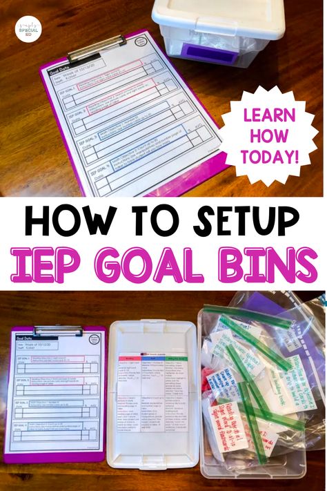 If you are a special education teacher, then you know that IEP goals play an important role in our job. Today, I want to share how to set up IEP goal bins to make your life easier as a special ed teacher. Data tracking for special education students is easy once you prep your goal bins. Each special ed student gets a container, a label with their name, and materials for each objective. Read more about what is inside and how to keep them organized in your special ed classroom. Special Education Classroom Floor Plan, 3rd Grade Special Education Activities, Iep Behavior Goals, Special Ed Resources, Special Ed Math Activities, Resource Teacher Organization, Special Ed Resource Classroom, Table Set Up Classroom, Special Education Self Contained Classroom