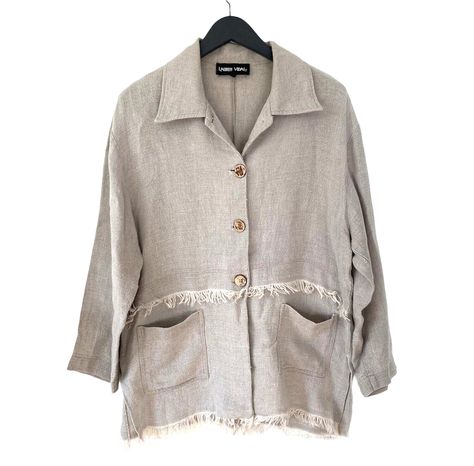 This Lauren Vidal Linen Jacket in Beige is a must-have for any women's wardrobe. The jacket features raw fringe and pockets, adding style and functionality to any outfit. The outer shell is made of high-quality linen, making it durable and comfortable to wear. The unlined interior allows for breathability and adds to the overall lightweight feel of the jacket. The neutral colour of the jacket makes it versatile and easy to pair with any outfit. It is a perfect addition to any casual or formal look. With its size L and regular size type, it is suitable for a wide range of women. The jacket is in excellent condition and will be a great addition to any fashion-conscious individual's wardrobe. pit to pit 22" Overalls, Women Accessories, Jacket Beige, Linen Jacket, Neutral Beige, Formal Looks, Women's Wardrobe, Neutral Colors, Must Haves