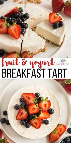 This Fruit and Yogurt Breakfast Tart is made with an easy granola crust, filled with a creamy Skyr yogurt filling, and topped with fresh fruit. It's perfect for breakfast or a sweet and nutritious treat! #yogurt #breakfast #healthy #recipe Granola Crust, Fruit And Yogurt, Breakfast Tart, Easy Granola, Yogurt Breakfast, Easy Brunch Recipes, Fruit Yogurt, Breakfast Healthy, Nourishing Foods