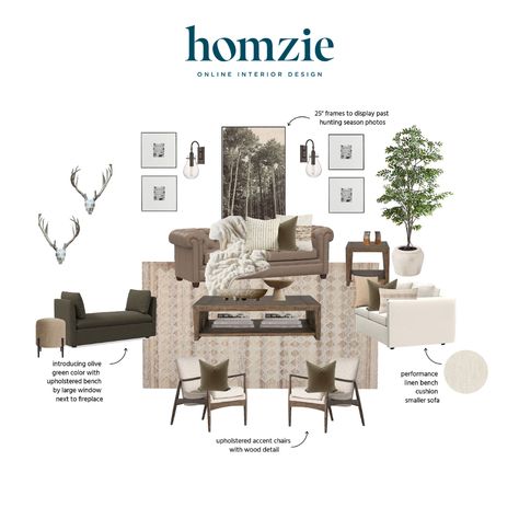 We loved designing this luxurious modern rustic living room for our virtual interior design client. This space features a brown leather sofa, several wall frames to display artwork or photographs, many wooden accent pieces, and a beige patterned rug.  Shop this design by following @homziedesigns on the LTK app!  Work 1:1 with a Homzie virtual interior designer for a low flat-rate and receive a custom, shoppable decorating plan! - all online. Get started homziedesigns.com/work-with-us Display Artwork, Window Cushion, Modern Rustic Living Room, Bold Decor, Patterned Rug, Brown Leather Sofa, Upholstered Accent Chairs, Rug Shop, Wall Frames