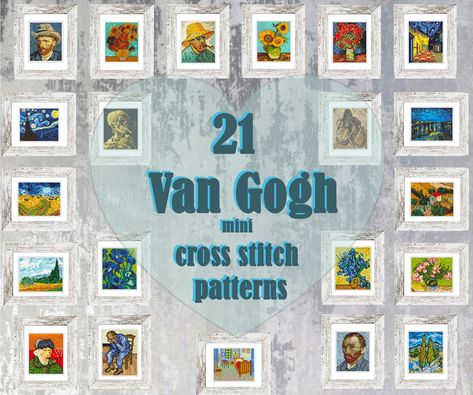 Set of 21 Van Gogh Mini Cross Stitch Patterns Mini masterpieces Starry night, Modern cross stitch bundle, Tiny famous paintings, Beginner This item includes 4 zip files contain 21 cross stitch patterns. All patterns was tested by Pattern Keeper. All pattern contains four different diagrams. Average completed size: ● Grid Size: 50 x 60 Stitches ● DMC Colors: 11 -16 ● Fabric: Aida 14 count ● Design Area: 3.57 x 4.29 inches or 9.0 x 10.8 cm ● Fabric: Aida 16 count ● Design Area: 3.12 x 3.75 inches Tela, Mini Cross Stitch Patterns, Van Gogh Arte, Small Cross Stitch, Famous Paintings, Mini Cross, Van Gogh Art, Mini Cross Stitch, Modern Cross Stitch Patterns