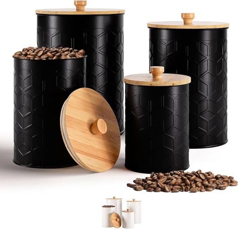 Amazon.com: Kitchen Canisters for Countertop Set of 4 - Textured Iron Kitchen Canisters with Airtight Lids - Canisters Sets for the Kitchen - White Kitchen Canister Set - Flour and Sugar Containers For Countertop : Home & Kitchen Black And Wooden Kitchen Decor, Flour Canister Set, Flour And Sugar Containers, Black Kitchen Canisters, Farmhouse Canister Set, White Kitchen Canisters, Black And White Kitchen Decor, Black Kitchen Accessories, Farmhouse Kitchen Canisters