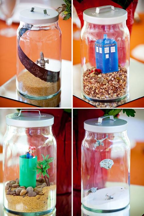 Go home all other centerpiece pins.  We're done here. Geeky terrarium centerpieces FTW! | Offbeat Bride Diy Geek, Terrarium Centerpiece, Nerd Wedding, Geek Diy, Geeky Wedding, Nerdy Wedding, Geeky Craft, Geek Wedding, Crochet Geek