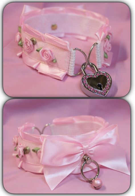 Pink collar, front and back Kawaii, Pink Handcuffs, Leather Sewing, Model Ideas, Medieval Fashion, Sewing Leather, Pink Collar, Collars For Women, Pretty Necklaces