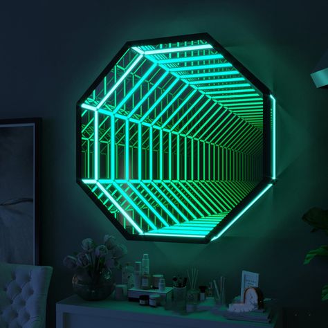 Octagon 3D Infinity Mirror Wall Light – Redhoumy Concave Mirrors, Lighting Pattern, 3d Mirror, Infinity Mirror, Mirror Light, Unique Mirrors, Indoor Wall Lights, Iron Lighting, Light Sculpture
