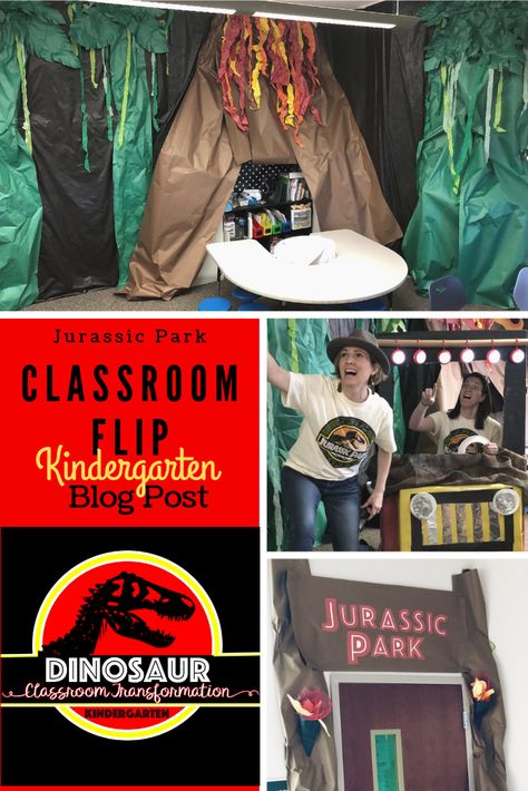 This is a blog post about a Jurassic Park Classroom Transformation in a Kindergarten class.  It gives examples of how to transform your class to study dinosaurs. It also shows the 6 missions students perform to escape the classroom (Jurassic Park) #kindergarten #jurassicpark #fliptheclassroom #escapetheclassroom #classroomtransformation #dinosaurs #dinosauractivities Jurassic Park School Theme, Jumanji Classroom Transformation, Jurassic Park Dramatic Play, Dino Themed Classroom, Kindergarten Room Transformation, Classroom Transformation Ideas Kindergarten, Dinosaur Classroom Ideas, Dinosaur Escape Room, Class Transformation Ideas