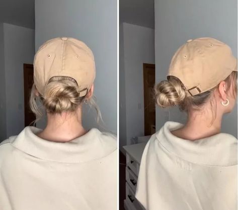 Low Bun With Hat, Ball Cap Hairstyles, Hairstyles With A Hat, How To Twist Hair, Cute Low Bun, Cute Hat Hairstyles, Hairstyle With Hat, Diy Hair Bun, Hats Short Hair