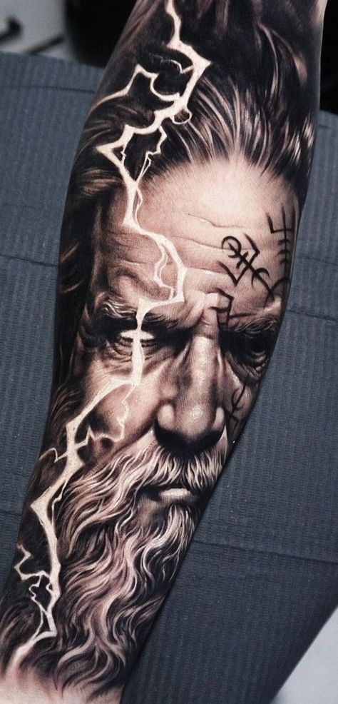 Tattoo Designs Men Arm Ideas, Tattoo Designs Men Arm, Tattoo Odin, Mjolnir Tattoo, Nordic Gods, Tattoo Design For Men, Odin Tattoo, Bicep Tattoo Men, Viking Warrior Tattoos
