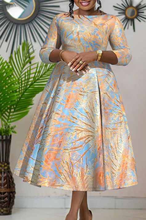 Plus Size Formal Champagne All Over Print Boat Neck 3/4 Sleeve Zipper With Pocket Midi Dresses » YKM Media African Maxi Dress Ankara, Ankara Dress Designs, Summer Tips, Dresses Occasion, Evening Gowns With Sleeves, African Dresses For Kids, Short African Dresses, African Print Dress Designs, Modest Dresses Casual