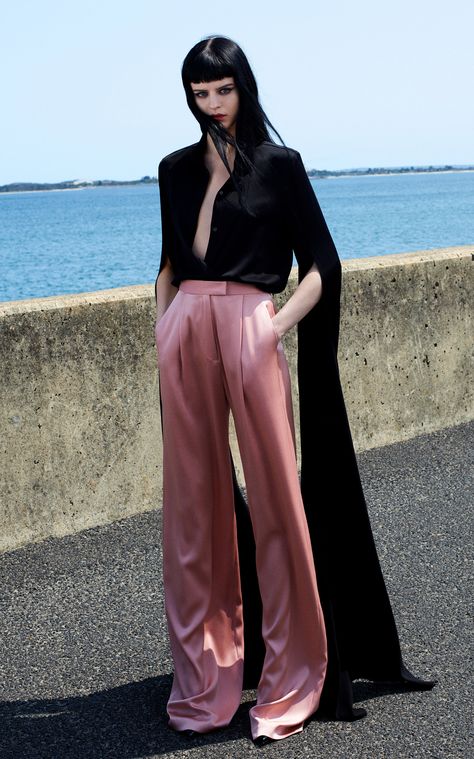 Alex Perry Hartley Satin Crepe Pleated Wide-Leg Trousers Elegant Trousers Outfit, Wide Leg Satin Pants Outfit, Satin Wide Leg Pants Outfit, Silk Trousers Outfit, Satin Trousers Outfit, Satin Pants Outfit, Satin Wide Leg Pants, Silk Bralette, Crepe Trousers