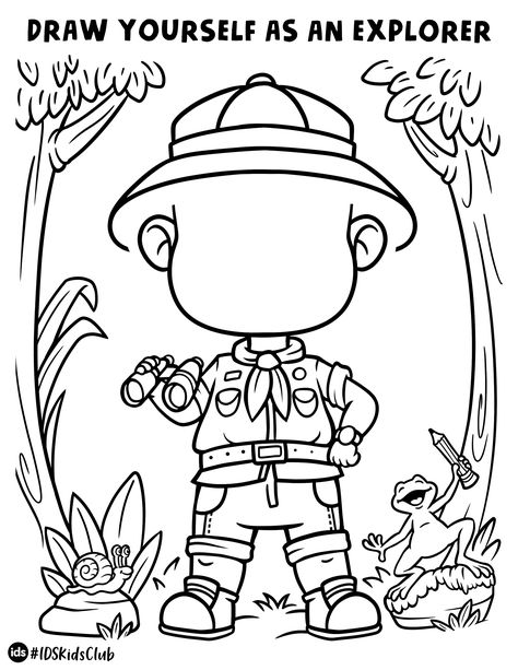 Draw yourself as an epic adventurer exploring the jungle! Great activity for kids. Find more activity sheets and coloring pages on our website. Zoo Keeper Craft, Animal Planet Activities For Kids, Jungle Arts And Crafts, Jungle Themed Activities, Zoo Printables, Jungle Theme Classroom Decorations, Safari Theme Classroom, Rainforest Crafts, Jungle Activities