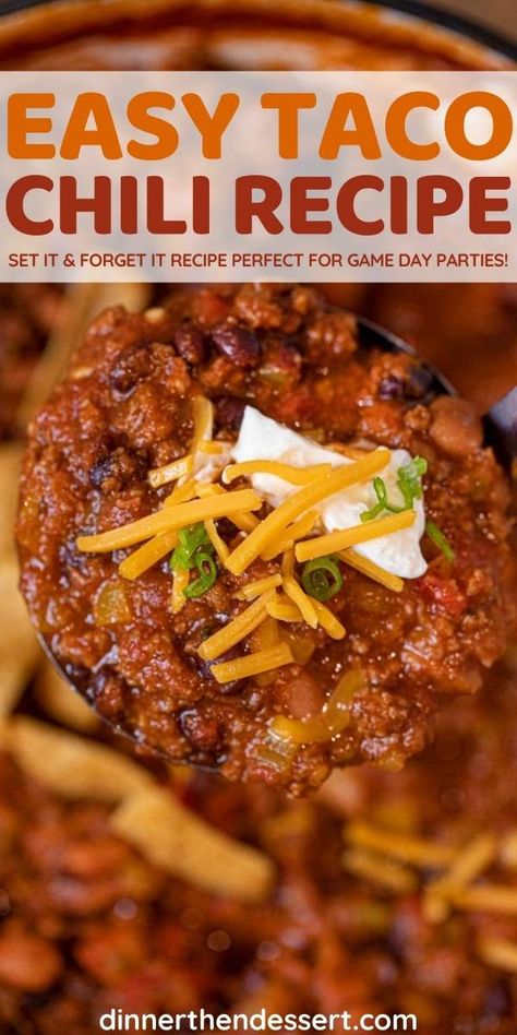 Taco Chili is a hearty and flavorful twist on taco night dish with delicious Mexican ingredients. #dinner #chili #gamedayrecipes #superbowlparty #taco #mexicanrecipes #groundbeef #dinnerthendessert Leftover Taco Meat Chili, Taco Chilli Recipes, Taco Chili Recipe Crockpot, Taco Chili Crockpot, Easy Taco Chili, Crockpot Taco Chili, Taco Chili Soup, Recipe Using Salsa, Taco Chilli