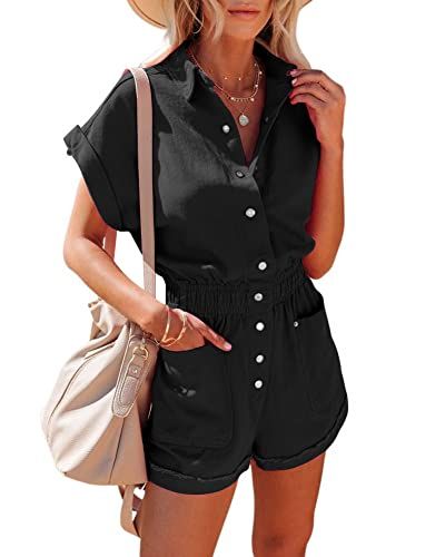 chouyatou Women's Short Cuffed Sleeve Utility Rompers Elastic Waist Button Down Cotton Pocketed Jumpsuit Rompers For Teens, Utility Romper, Fashion Nova Jumpsuit, Silk Romper, Pocket Jumpsuit, Wrap Jumpsuit, Streetwear Summer, Belted Romper, Cuffed Sleeve