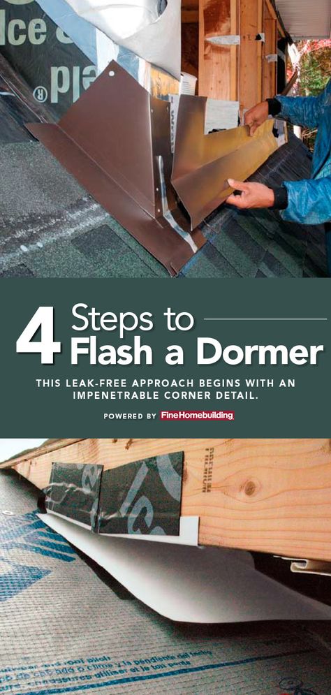 While the gold standard for roof flashing is soldered copper, the fact is that for economic reasons, the vast majority of roof flashing is done with aluminum. In this article, veteran remodeler Mike Guertin shows how to flash a dormer with bombproof details. - Fine Homebuilding Roof Options, Remodel Garage, Dormer Roof, Lodge Ideas, Fine Homebuilding, Roof Flashing, Tiny House Camper, Roofing Options, Shed Dormer