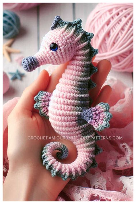 Amigurumi Seahorse Crochet Free Pattern Amigurumi Patterns, Crochet Seahorse Pattern Free, Free Crochet Seahorse Pattern, Crochet Underwater Animals, Mythical Creature Crochet Pattern, Sea Animal Crochet Pattern, Crocheted Sea Creatures, Crochet Baby Shark Free Pattern, Knitted Baby Toys Free Pattern