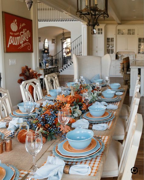 Blue And Orange Fall Table Decor, Navy Fall Tablescape, Orange Blue Fall Decor, Thanksgiving Blue Decor, Fall Inspired Kitchen, Blue And Orange Fall Tablescape, Navy Orange Fall Decor, Fall Decor Blue And Orange, Blue Autumn Decor