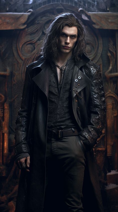 Vampire created with AI by Amanda Church Vampire Fantasy Aesthetic, Portrait Man Drawing, Fantasy Vampire Aesthetic, Vampire Aesthetic Outfit Men, Men Vampire Aesthetic, Long Hair Vampire Male, Vampires Fantasy Art, Vampire Witch Hybrid Aesthetic, Gothic Vampire Aesthetic Male