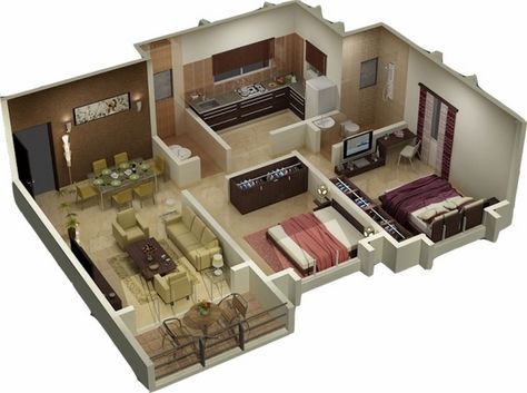 House Design 3d, Small House Layout, 3d House Plans, Basement Floor Plans, 3d Home Design, House Plans One Story, 3d House, Bedroom Small, House Layout