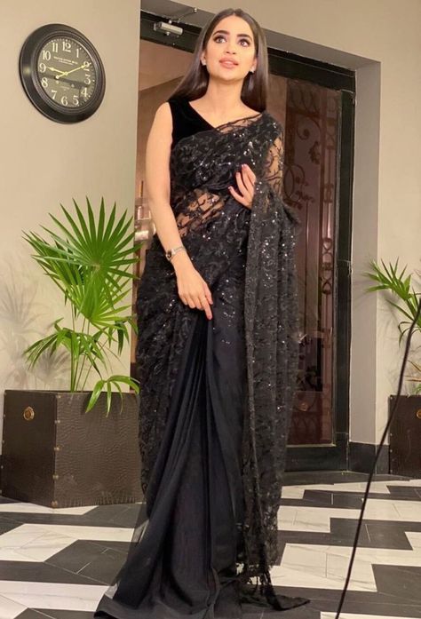 Plan Black Saree, Black Net Saree, Saboor Ali, Sequins Saree, Sajal Ali, Indian Party Wear, Indian Fashion Saree, Sequence Work, Black Saree