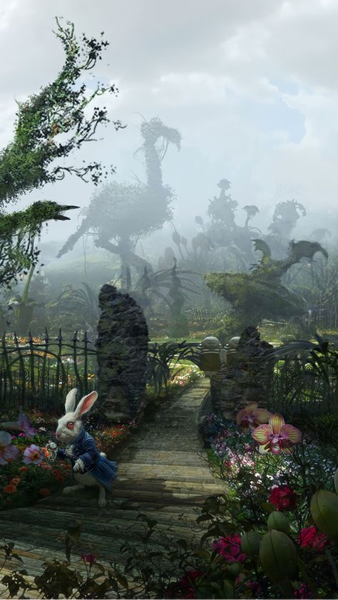 A promotional picture of the White Rabbit standing in an ominous garden in Wonderland. White Rabbit Wonderland, Rabbit Wonderland, Alice In Wonderland 2010, Helloween Wallpaper, Alice In Wonderland Garden, White Rabbit Alice In Wonderland, Wonderland Garden, Dark Alice In Wonderland, Alice In Wonderland Aesthetic