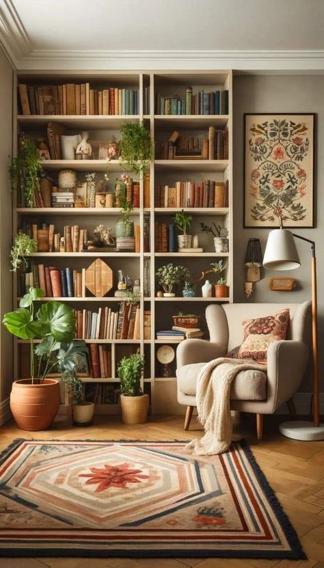 In Home Bookshelves, Armchair In The Kitchen, Bedroom With A Bookshelf, Top Of Stair Nook Ideas, Living Room Ideas Pop Of Color, High Bookshelf Around Room, Boho Bookshelf Ideas, Bookcase Nook Ideas, Bookshelves Next To Window