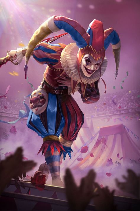 Rockstar Concept Art, Female Clown Art Anime, Evil Clown Character Design, Clown Anime Art, Space Clown Dnd, Fantasy Clown Art, Carnival Character Design, Evil Clown Art, Clown Illustration Character Design