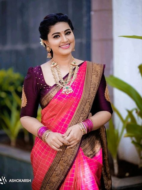 Sneha has an enviable collection of sarees. Check it out. Photos Wall, Pattu Saree Blouse Designs, Traditional Blouse Designs, Wedding Saree Blouse Designs, Saree Designs Party Wear, Silk Saree Blouse Designs, Saree Design, Elegant Blouse Designs, Blouse Hand Designs