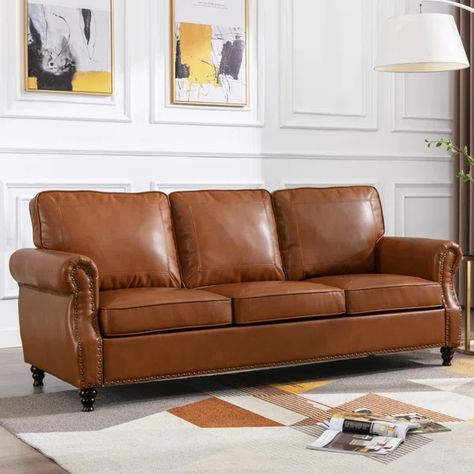 Amarius 80" Wide Faux Leather Rolled Arm Sofa Leather Sofas Living Room Ideas, Thick Sofa, Rustic Leather Sofa, Leather Couch Living Room, Brown Leather Furniture, Faux Leather Couch, Tan Leather Sofas, Leather Sofa Couch, Brown Leather Couch