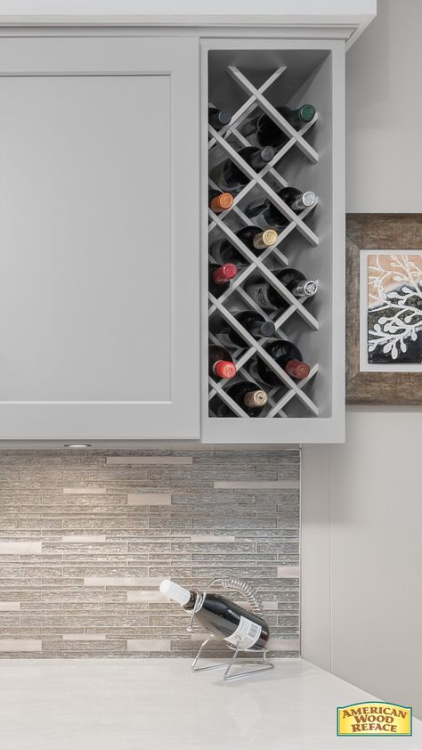 Wine Bottle Kitchen Storage, Wine Bottle Cabinet Kitchen, Wine Rack Wall Kitchen Cabinets, Wine Rack Wall Kitchen, Kitchen Wine Storage Ideas, Wine Rack Kitchen Counter, Counter Top Wine Rack, Kitchen Cabinets Wine Rack Built Ins, Inbuilt Wine Rack