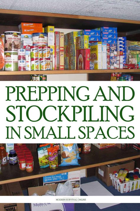 Food Storage Small Spaces, Food Storage For Small Spaces, Prepping Storage Ideas, Prepper Storage Ideas, Prepping Organization, Cold Room Storage Ideas, Stockpile Pantry, Apartment Prepping, Ww3 Prepping