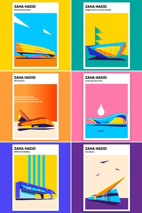 Zaha Hadid buildings poster series by Anastasia Bakusheva. Zaha Hadid Poster, Architect Graphic Design, Celebration Poster Design Ideas, Building Poster Design Graphics, Architect Poster Design, Graphic Design Colorful, Building Poster Design, Simple Graphic Illustration, Poster Series Design